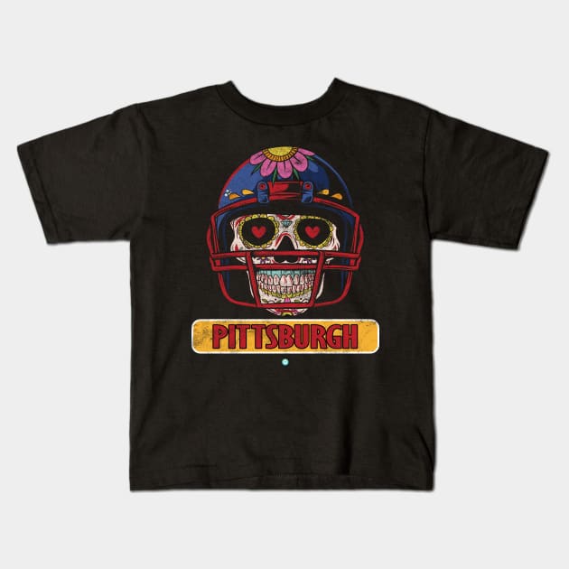 American Football - Pittsburgh Skull Football Gift Kids T-Shirt by woormle